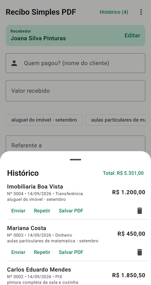 Histórico de recibos com o total recebido e as opções Enviar, Repetir e Salvar PDF em cada recibo.