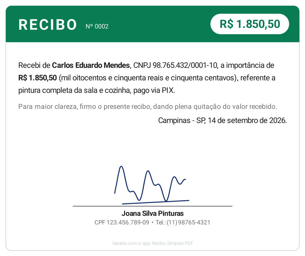Recibo em PDF gerado pelo app: número 0002, valor de R$ 1.850,50 escrito por extenso, pago via PIX, com assinatura, CPF e telefone do recebedor.
