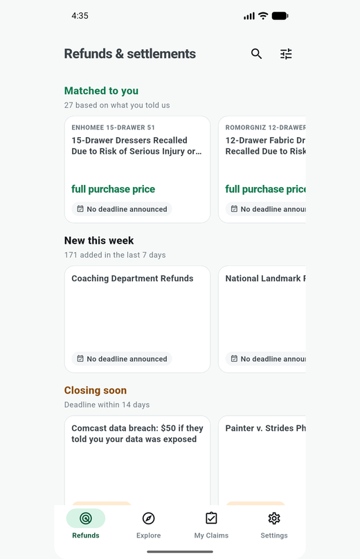 The app's feed, showing refund programs matched to the user with amounts and days remaining.