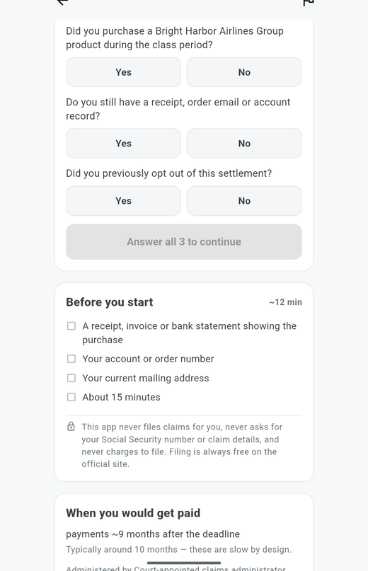 An eligibility self-check with plain-English yes or no questions.